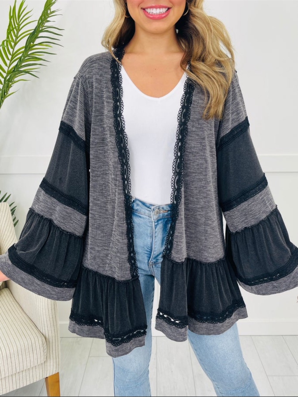 POL Black and Gray Open-Front Layered Cardigan